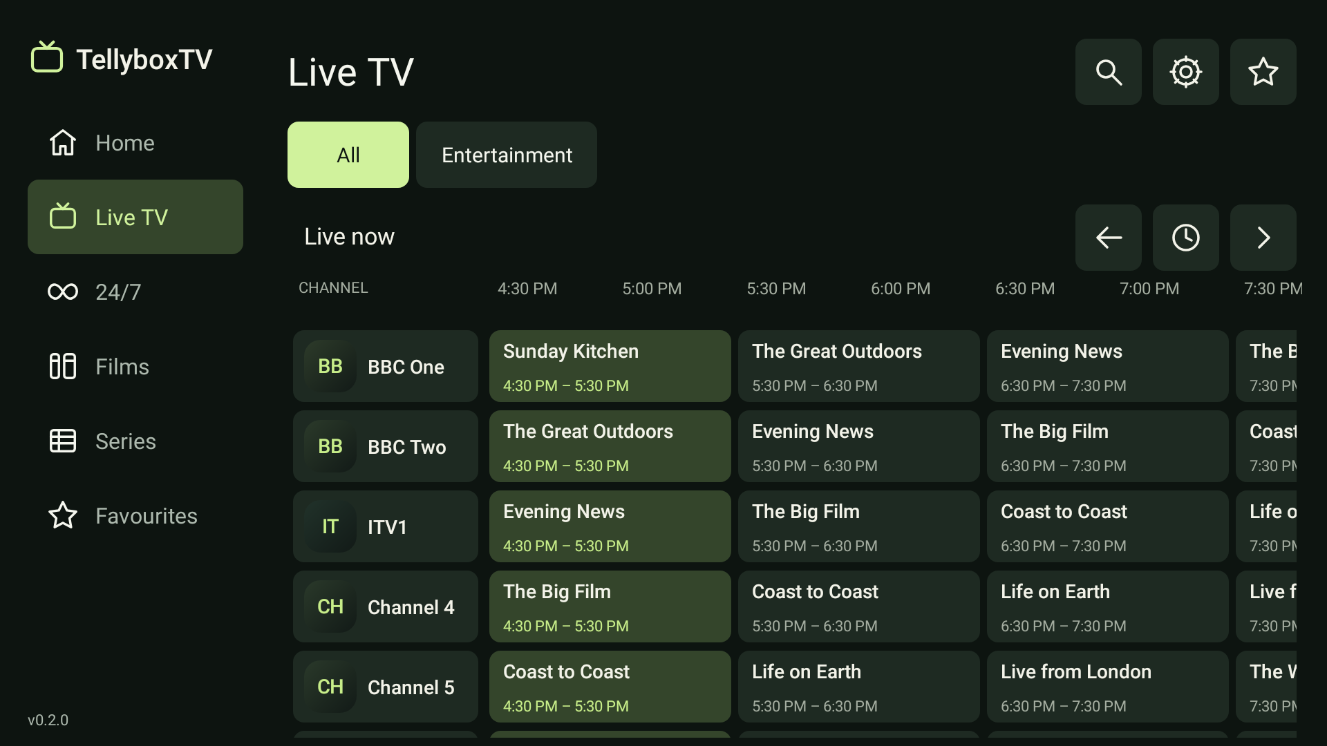 TellyboxTV Android TV guide with a fixed channel column and a four-hour programme timeline