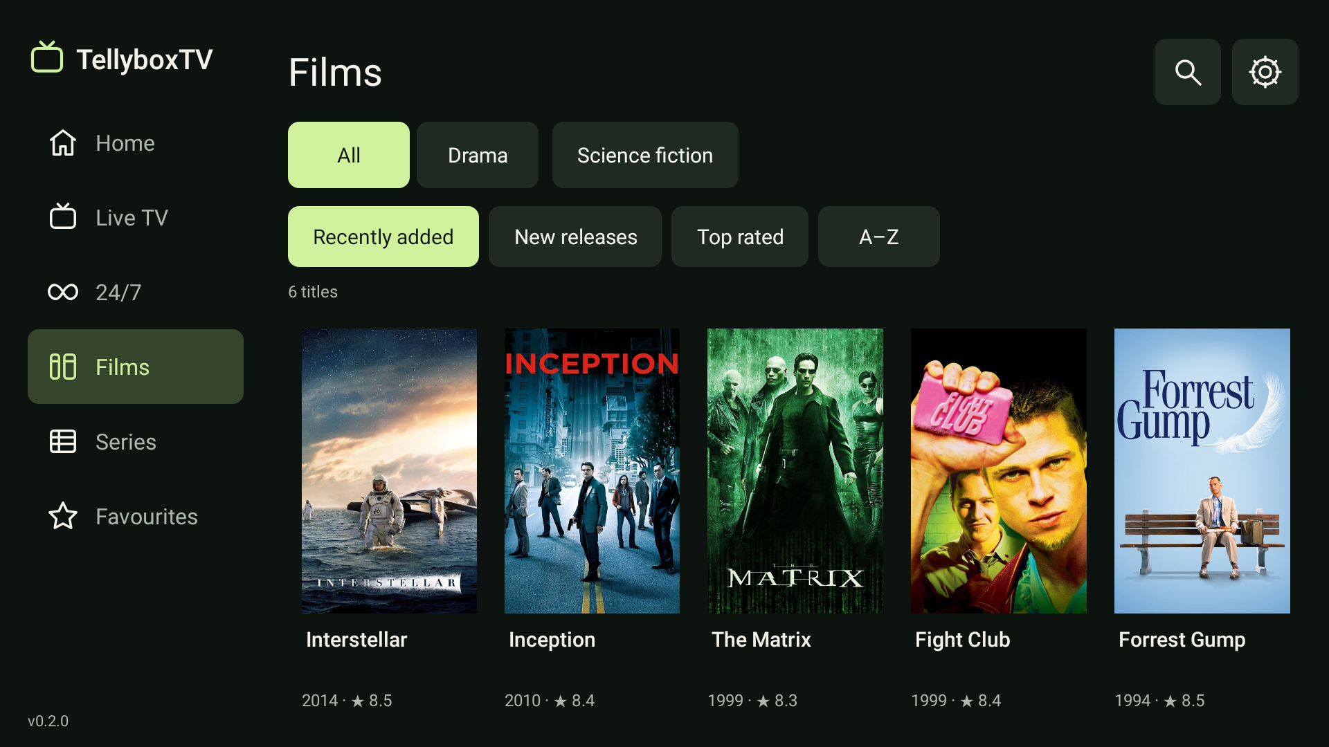 TellyboxTV film library with poster cards and category filters